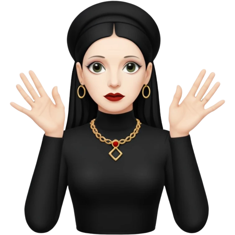 Lene Lovich shown as on the Stateless album cover with a typical symmetrical hand pose emoji