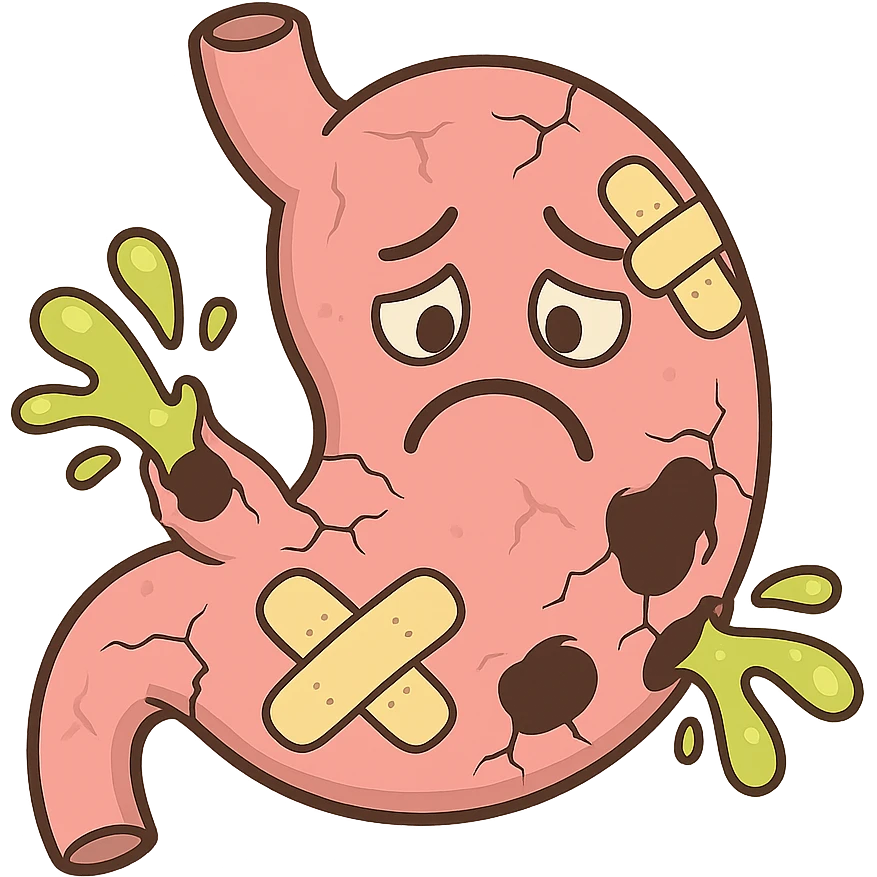 cartoon icon of a stomach character with cracks or holes, sad face, acid splashes, bandages, cute but informative medical style emoji