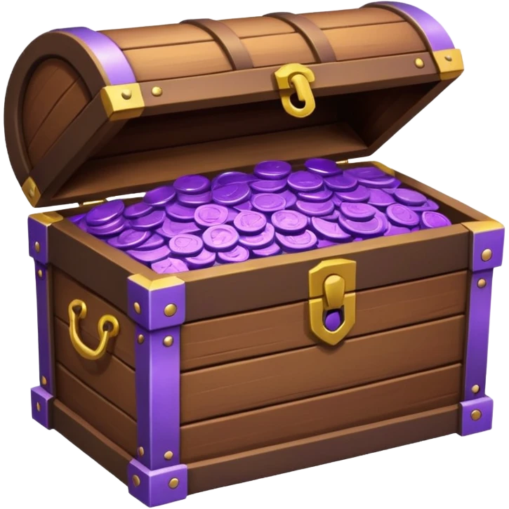 wooden brown treasure chest filled with  purple coins pack in gradient emoji