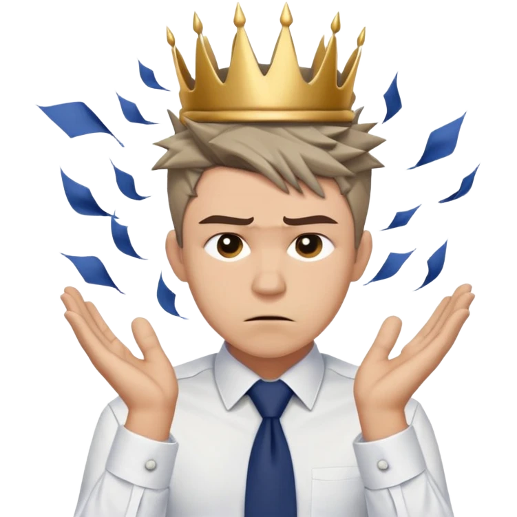 Gender: Male Hair: Ash-brown undercut with messy crown spikes Face: Deep frown lines, sweat waterfall cascading from temple Clothes: Crumpled white dress shirt with loosened tie (navy blue) Action: Both hands gripping hair, papers flying around head、 emoji
