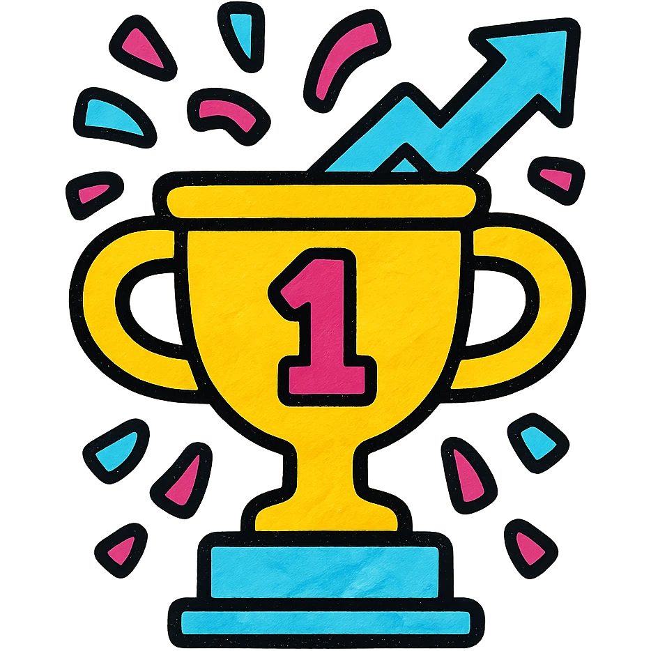 winner's cup trophy with confetti and upward arrow, representing marketing achievement, clean and bold design emoji
