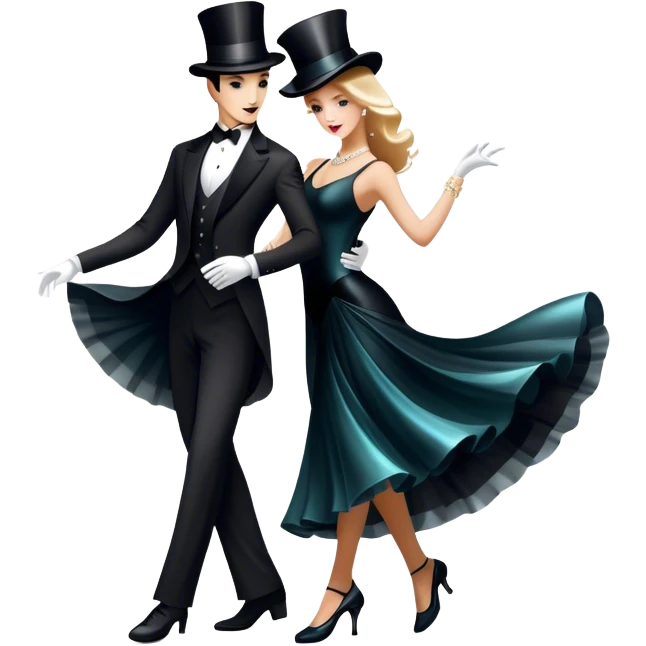 Icon for Ballroom Dancing: a pair of elegant dance shoes, a flowing dress, a top hat, and a dance floor spotlight. The icon should represent the elegance and atmosphere of ballroom dance, focusing on the iconic dance elements. Transparent background. emoji