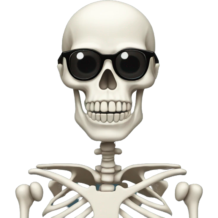skeleton but black with big goofy teeth and glasses emoji