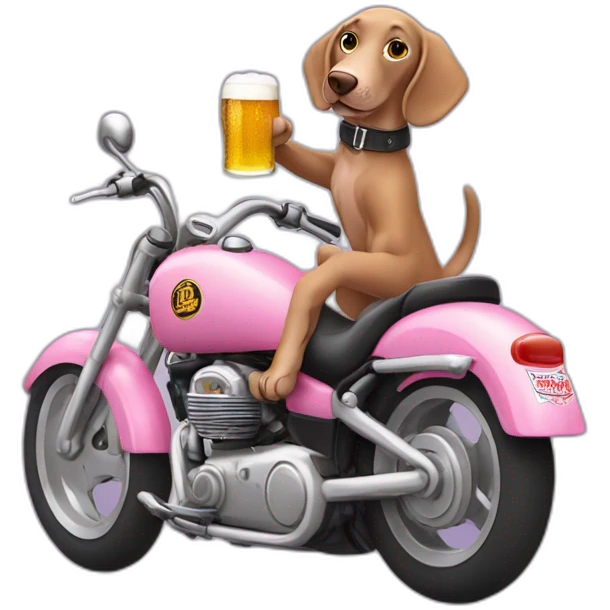 pink weimaraner drinking a beer while riding a motorcycle emoji