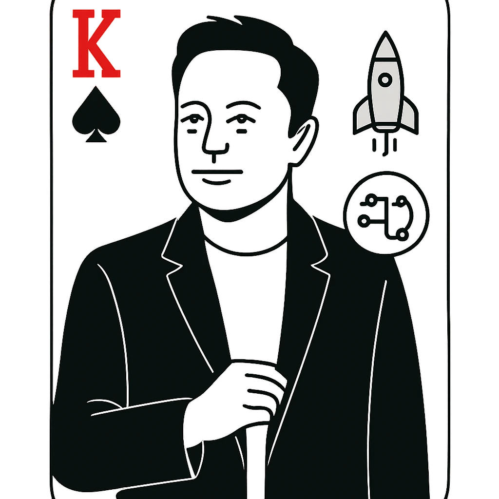 Elon Musk as a royal playing card figure, minimalist portrait with tech symbols emoji