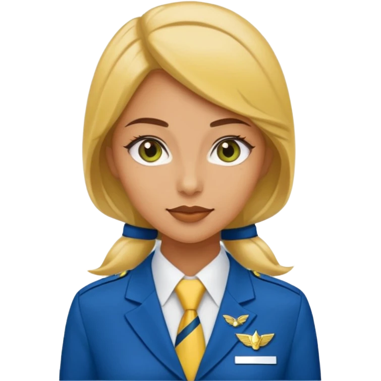stewardess uniform is yellow and the bottom is skirt navy blue and the tie is green blue emoji