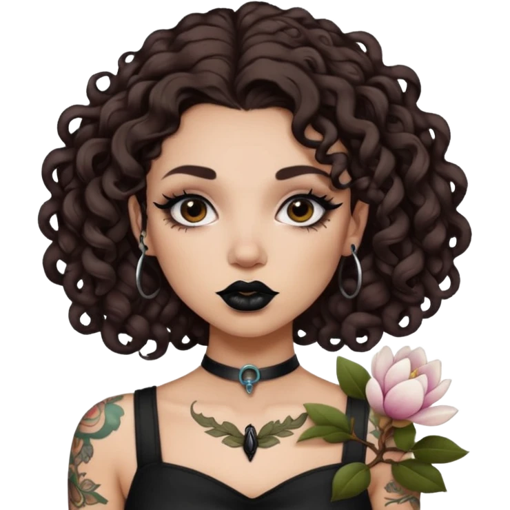Alternative girl with curly dark brown hair and a magnolia throat tattoo emoji