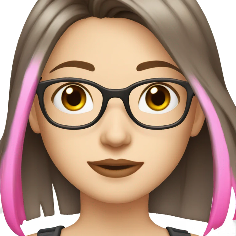 pale skinned girl with dark brown choppy shoulder length hair with pink streaks wearing glasses and has brown eyes  emoji