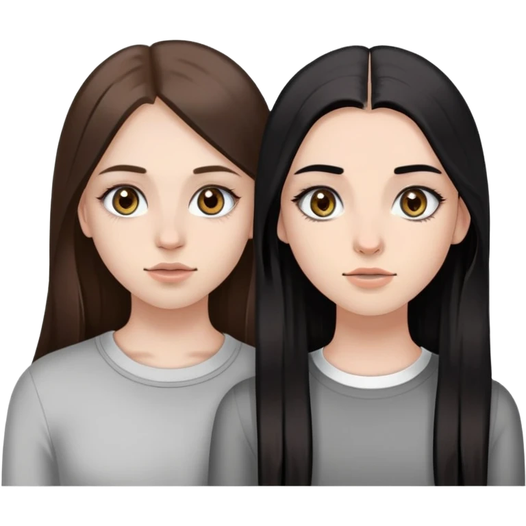 two girls one of them is brunette with light make up straight long brown hair  and heterochromia and braces and the other one has long black hair grey eyes nostrill and septum piercing  and she has a baddie make up emoji
