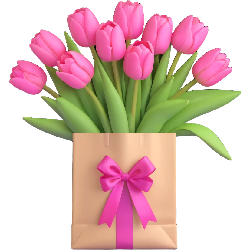 a bouquet of pink tulips in a white paper bag tied with a pink ribbon, 3D iOS emoji style, pastel pinks and baby blues, soft shadows, clean and modern minimalism emoji
