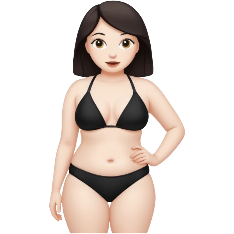 Create a girl with pale skin, dark features, in a black bikini and crazy curves  emoji