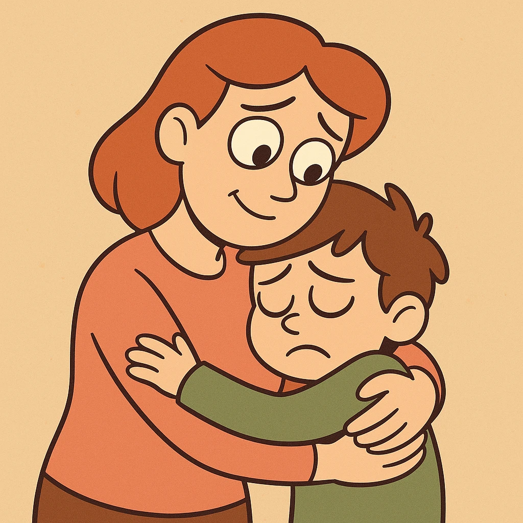 mother hugging sad child, simple shapes, warm palette emoji
