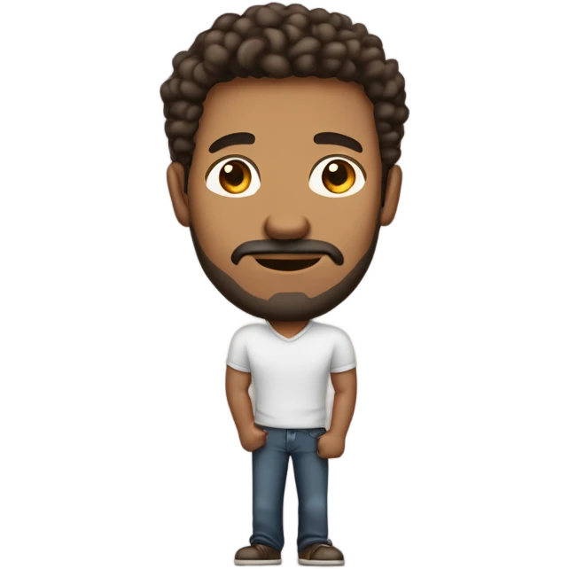 tall men holding his computer in hands. light brown skin men with curly dark brown hair, brown eyes, little grown beard. imposing, bit muscular build. dressed casual. emoji