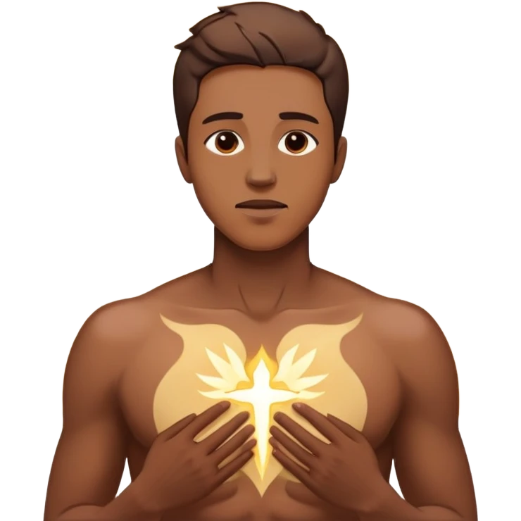 transition from a man with a spiritual pain on his chest growing up to a man with a soul glowing on his body representing his healed version karmically and using that energy to heal others emoji