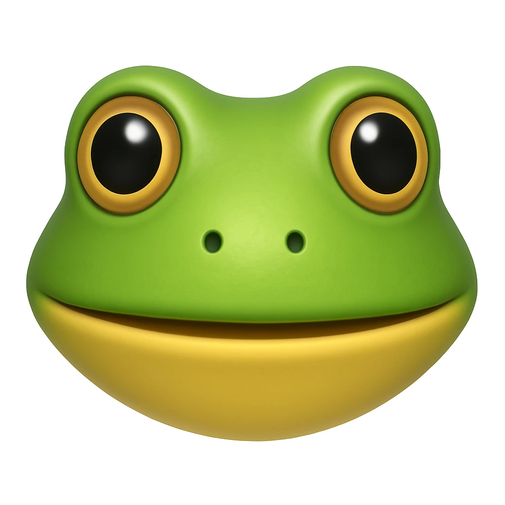Create an emoji that looks exactly like the reference image in iOS emoji style. The emoji should have 3D appearance, shiny surface, smooth gradients, soft shadows, and a realistic green frog head with a classic emoji look. Add a subtle highlight to the head. emoji