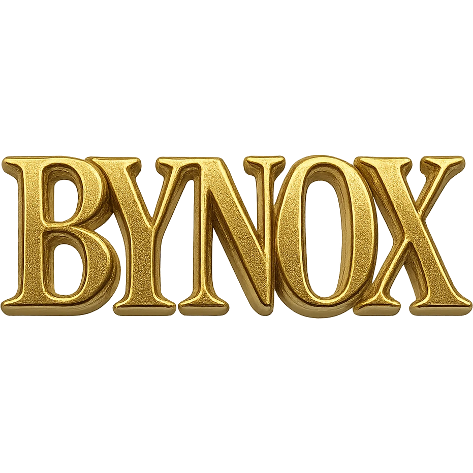 luxury emoji, gold and black, 'BYNOX' text, shiny metallic, 3D, elegant, premium, minimal, no background, powerful, stylish font, for Telegram custom emoji emoji