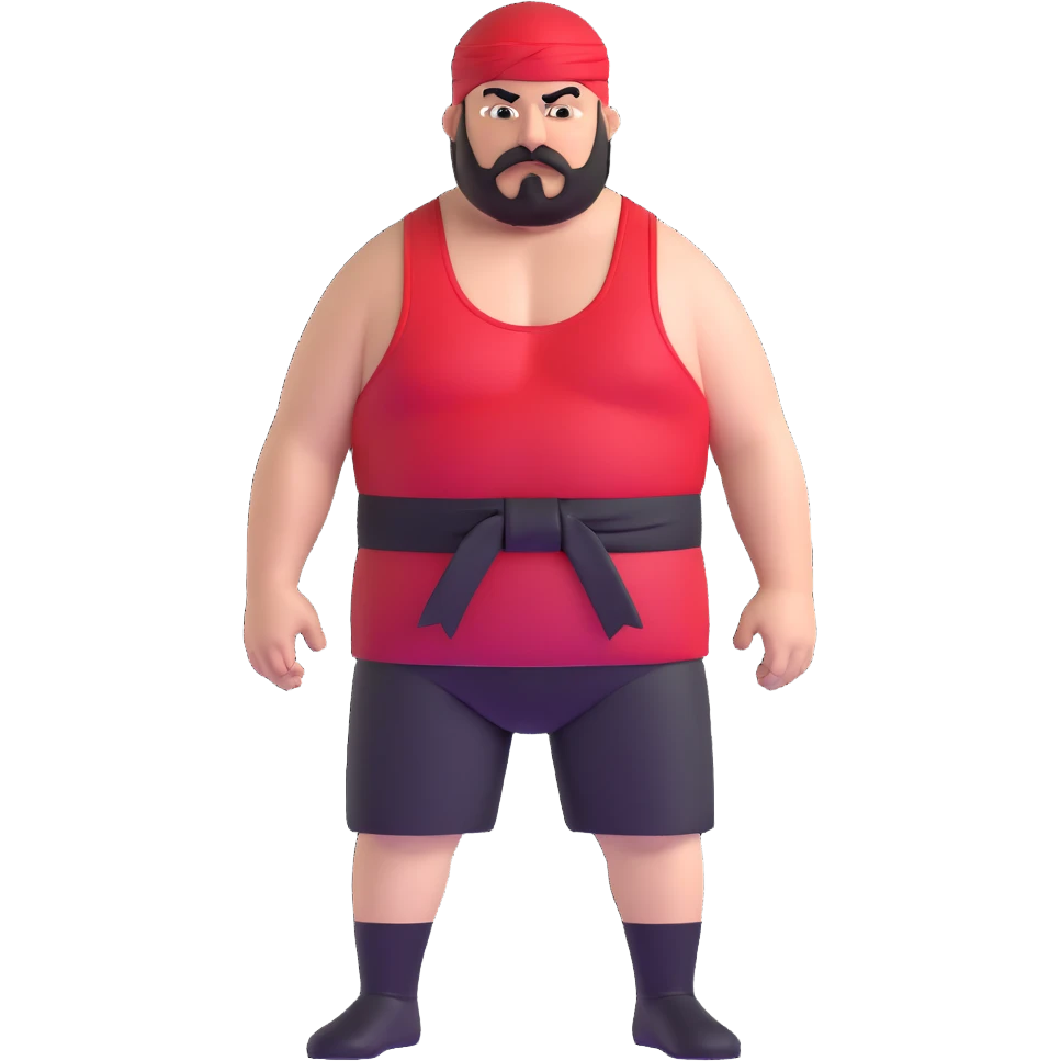 Close-up of very fat white skin guy with young face, beard and mustache, no muscle with prominent black durag, black eyes in a red and black wrestling singlet with angry face emoji