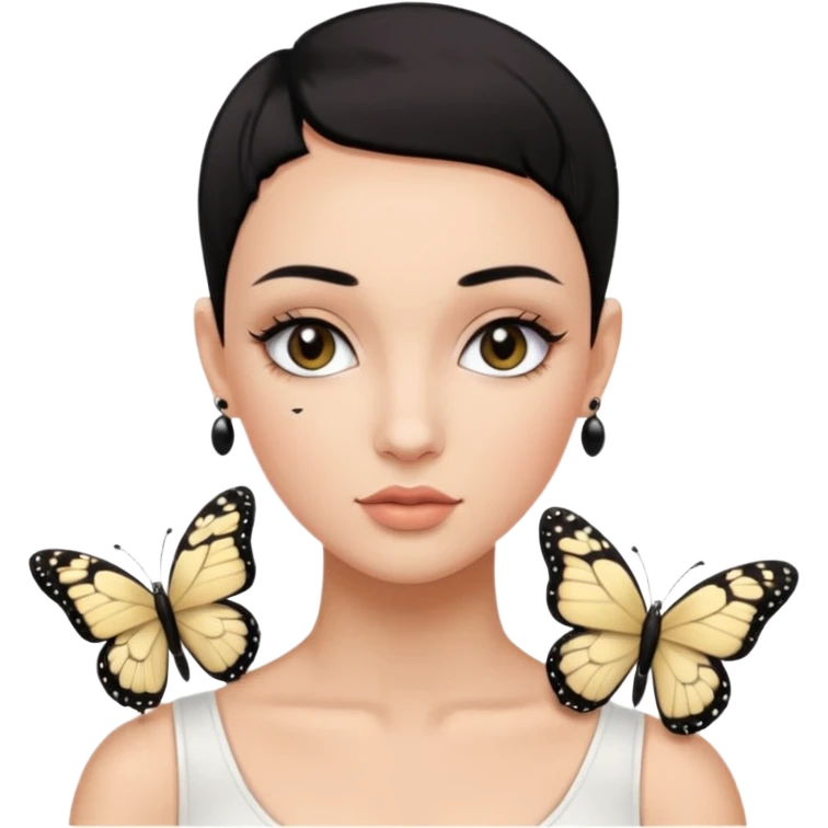 Lady with black buzz cut hair and lashes wearing 4 black earrings holding white butterfly emoji