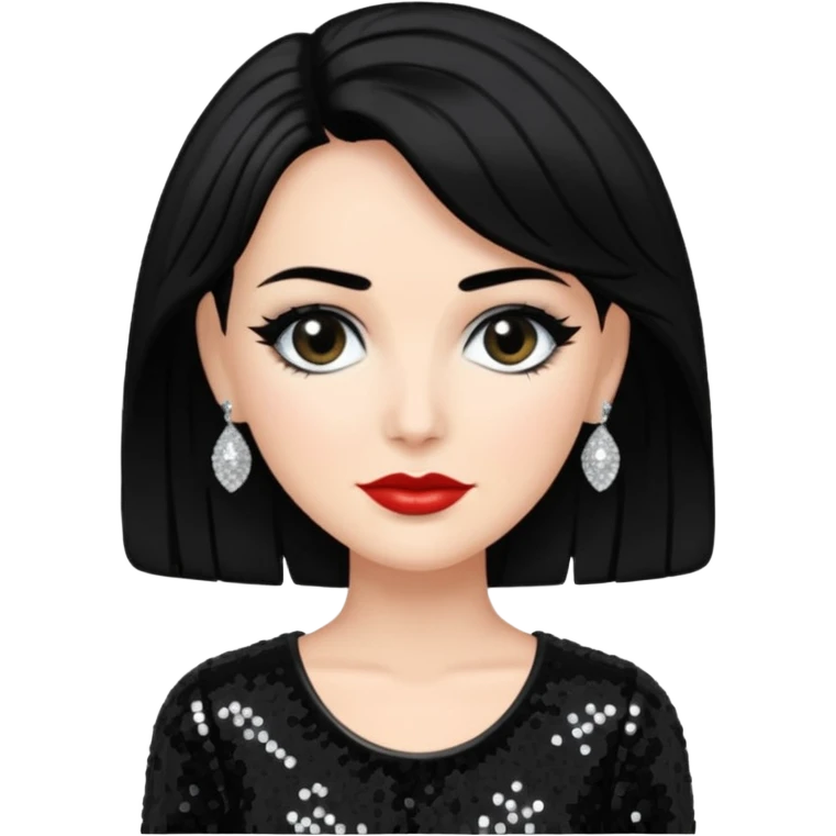 Gloria Holden with black hair, black sequin outfit emoji