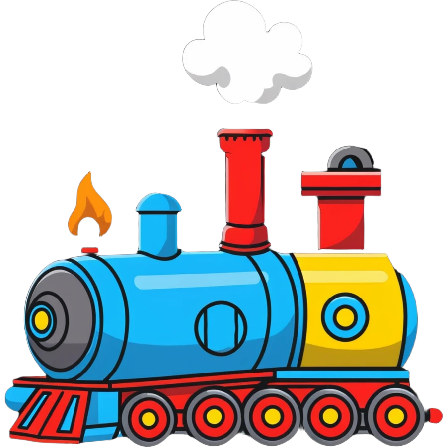 A cartoon toy train with a bright happy face and steam coming from its chimney emoji