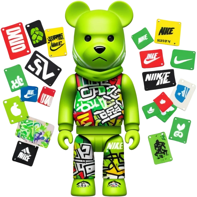 geometric bearbrick toy wearing a lime green balaclava completely covered with chaotic streetwear brand logos, graffiti-style tags, Nike, Adidas, Supreme, Off-White all mixed together in urban style, aggressive look emoji