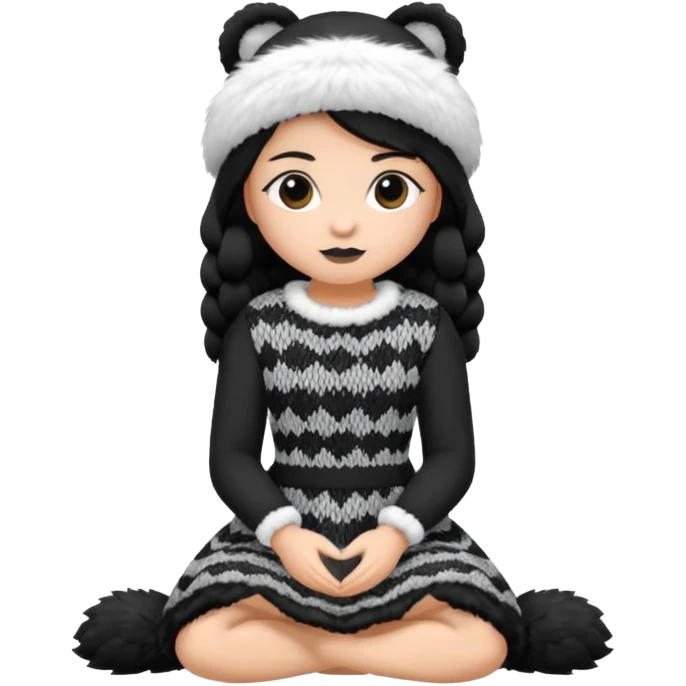 Barboncino seduto in bianco e nero con vestitino in maglia emoji