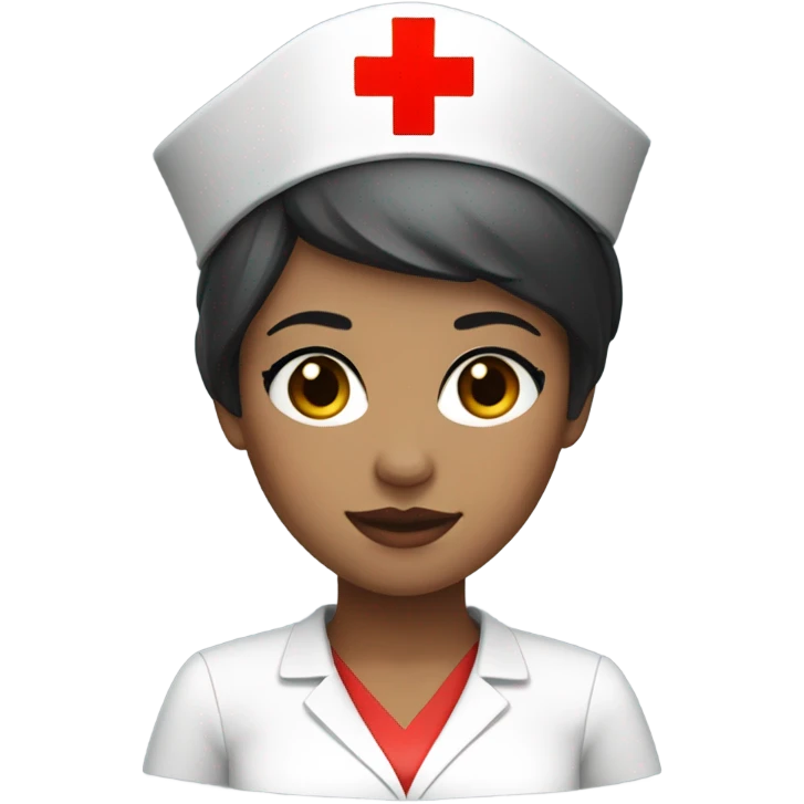 short pixie cut black straight hair female nurse with red cross sign hat wearing dress
pale skin color emoji