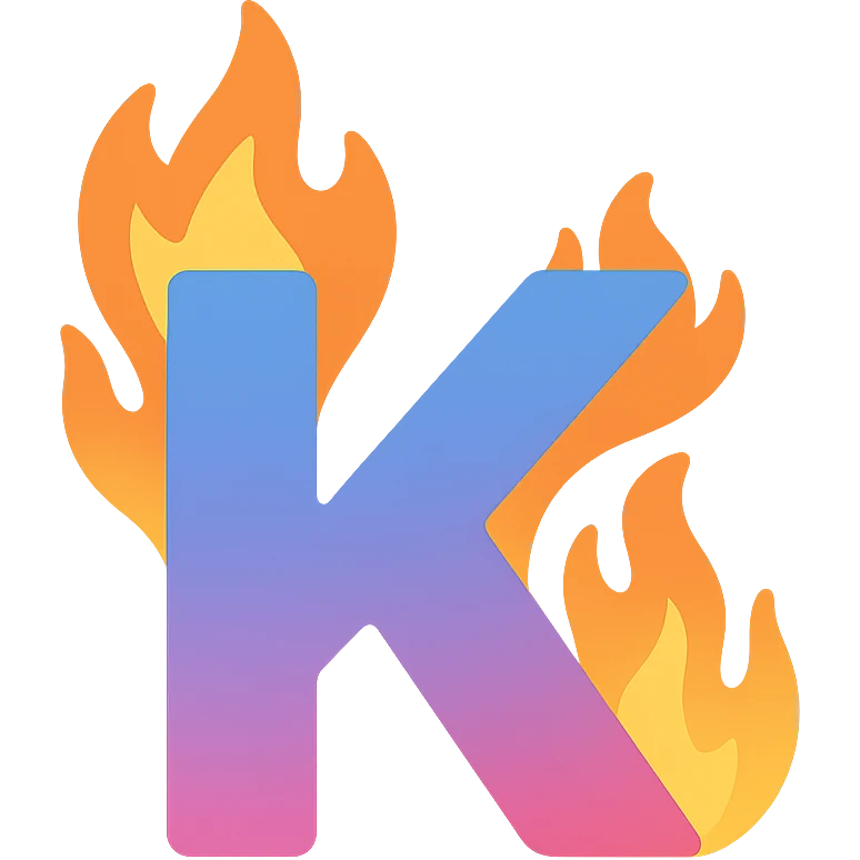 colorful letter 'K' with cartoon-style flames licking the edges emoji