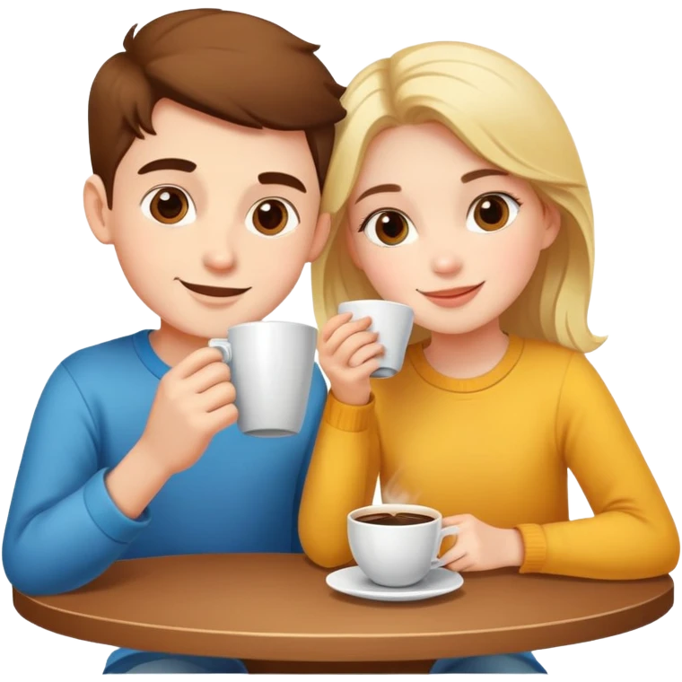 bright and cheerful boy and girl sitting at a table sipping coffee emoji