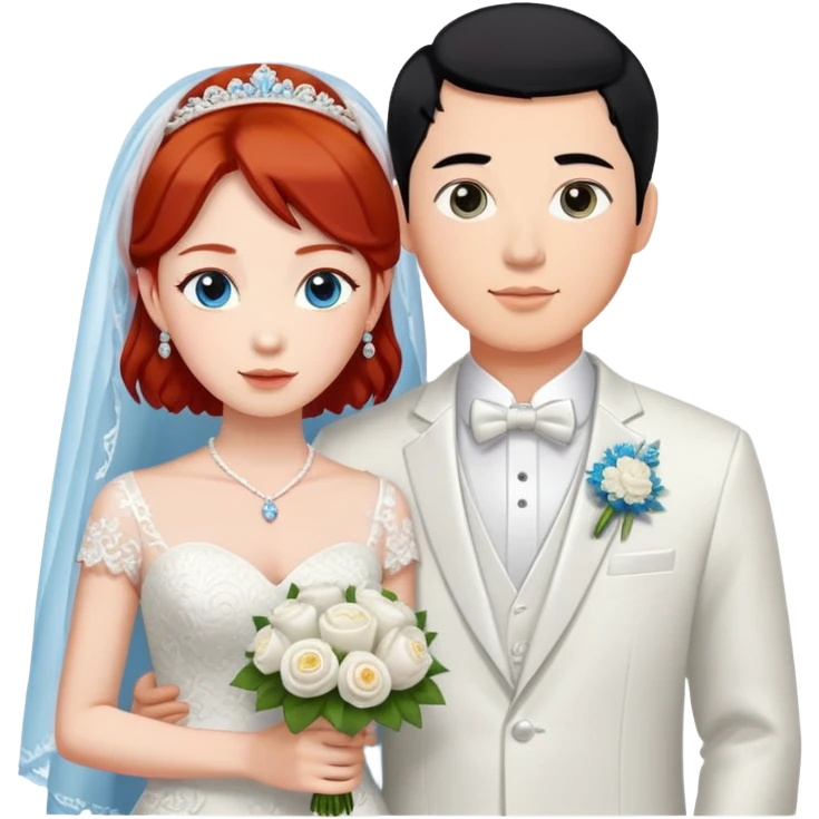 wedding couple, the groom is a chinese man with black hair and brown eyes, the bride is a blue eyed redhead with short hair emoji