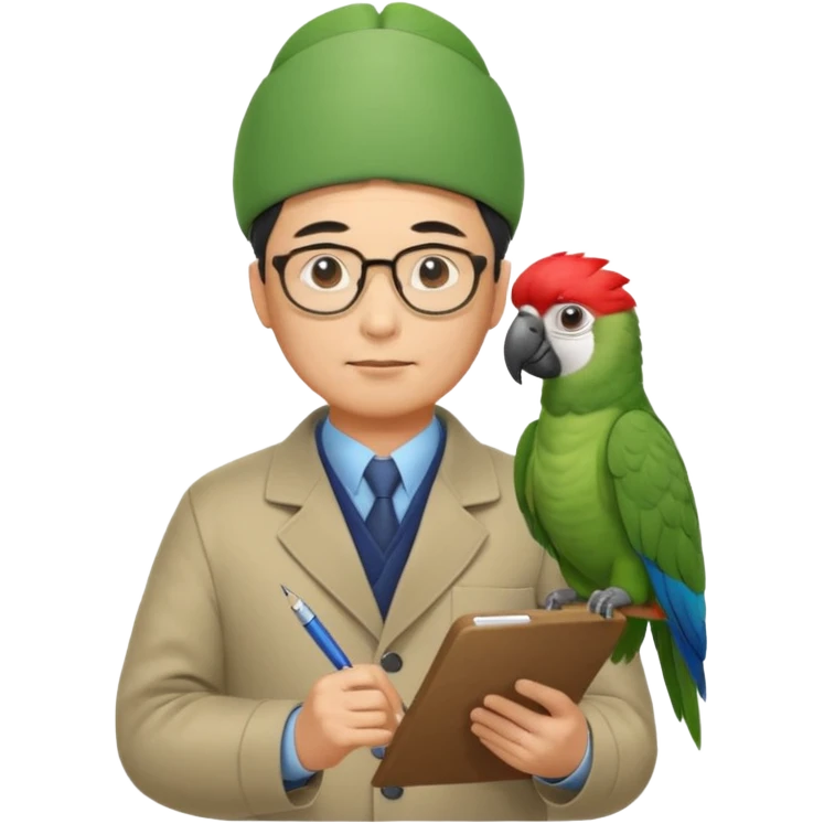 Middle-aged asian male vet – glasses, coat, writing notes on clipboard with parot on head emoji