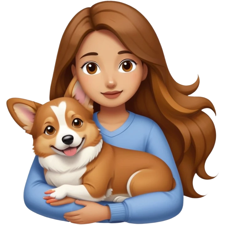 Girl with long brown hair hugs a corgi dog emoji