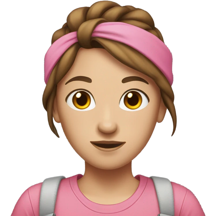 A white woman with brown hair in pony tail wearing pink headband, pink t shirt and overalls  emoji