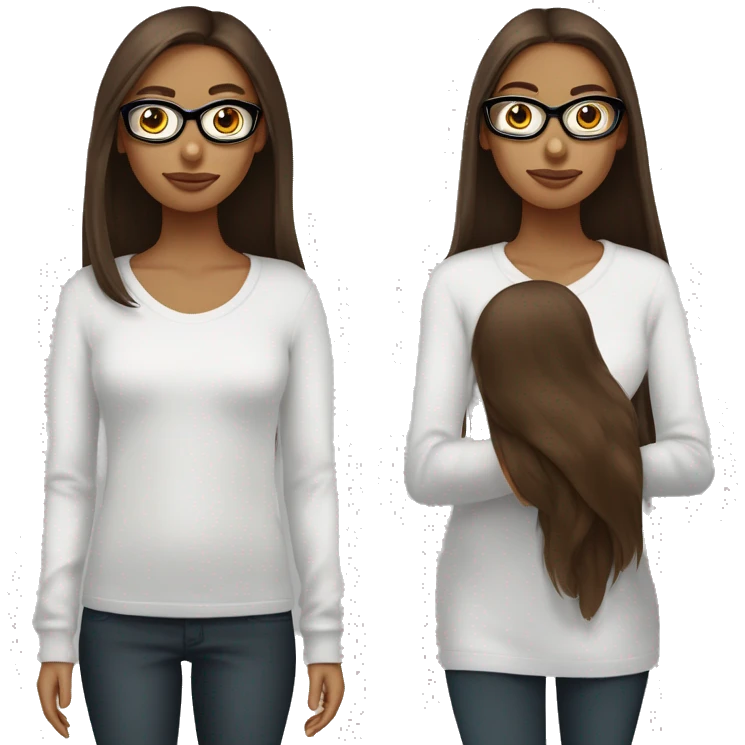 une fille avec de long cheveux noir lisse , des yeux marron , et avec des lunette (en forme de carrer un peu déformé) assez grosse comparer a ça tête , portant un pull blanc emoji