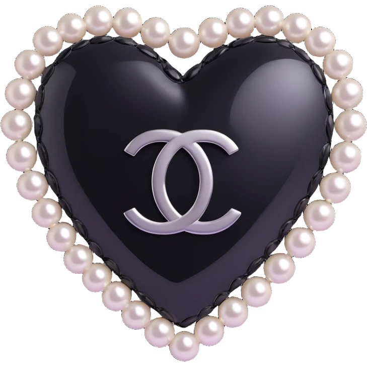 elegant glossy black heart, pearls encircling, silver Chanel logo centered, black and white color scheme emoji