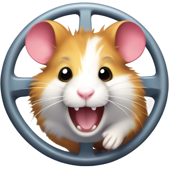 A cute, energetic hamster running inside a wheel, showing determination and focus. The hamster should look fluffy and cheerful, with vibrant colors and a playful vibe. emoji