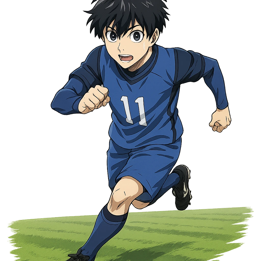 Isagi Yoichi, running on a soccer field, blue uniform, anime style emoji