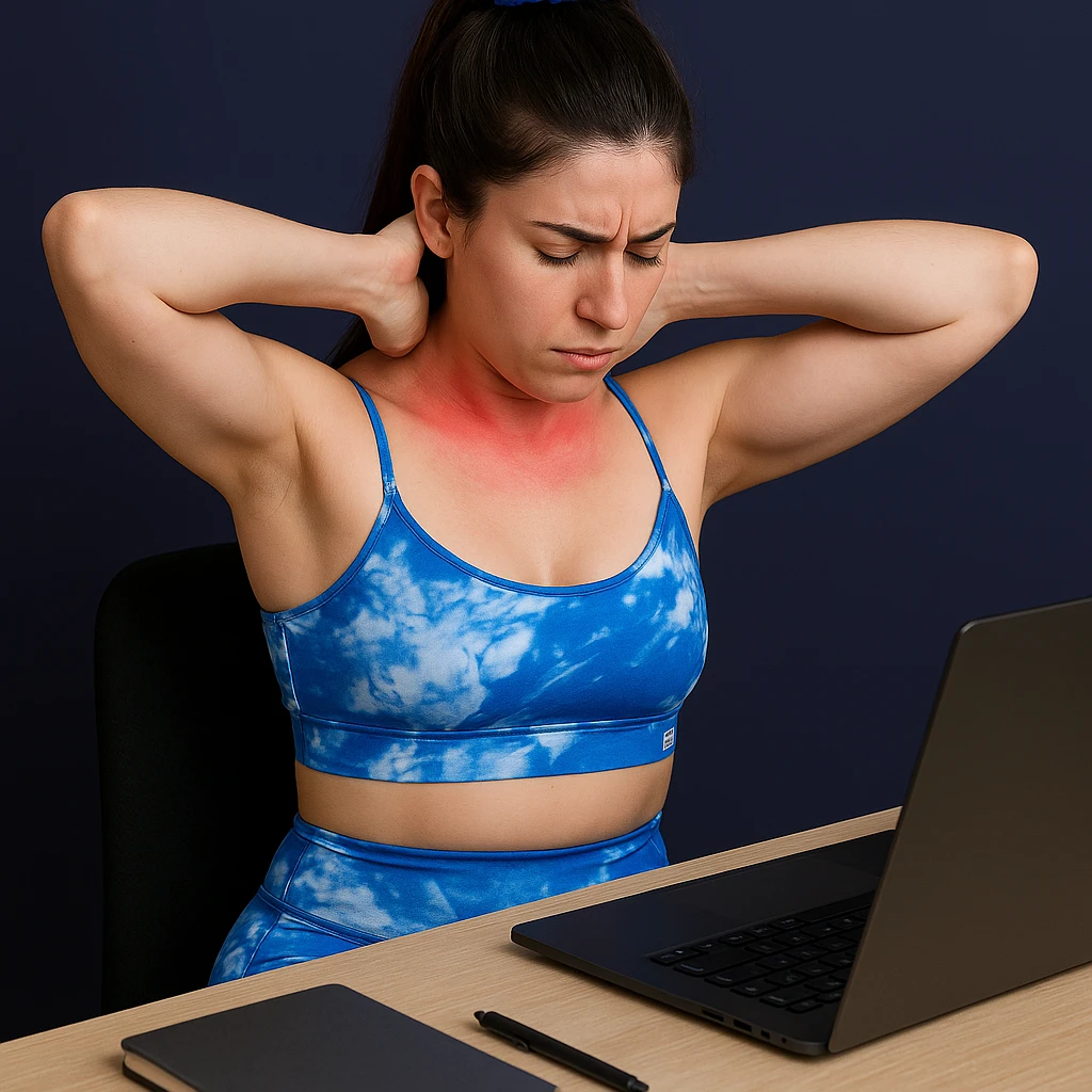 A slender woman in 4K, sitting at a desk, massaging the base of the neck with both hands, cervical and nape area reddened, tense posture, inspired by the reference photo. emoji