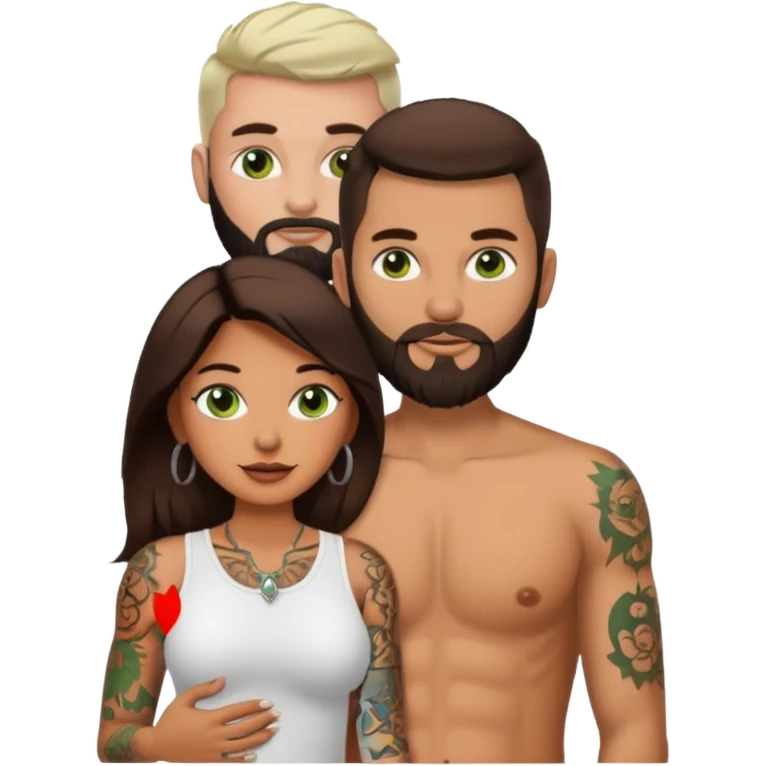 Brown eyed Latina woman with pierced nipples and tattoos having sex white a white man with green eyes and a beard  emoji