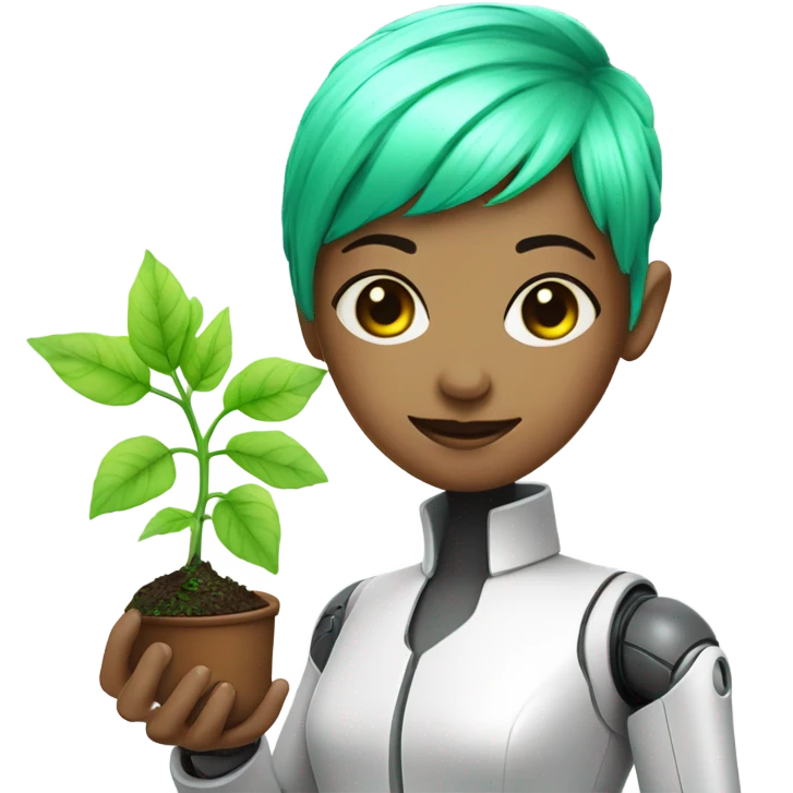 cybernetic scientist wearing a lab coat and holding a small plant, woman with neon green pixie cut with undercut, robot body parts emoji