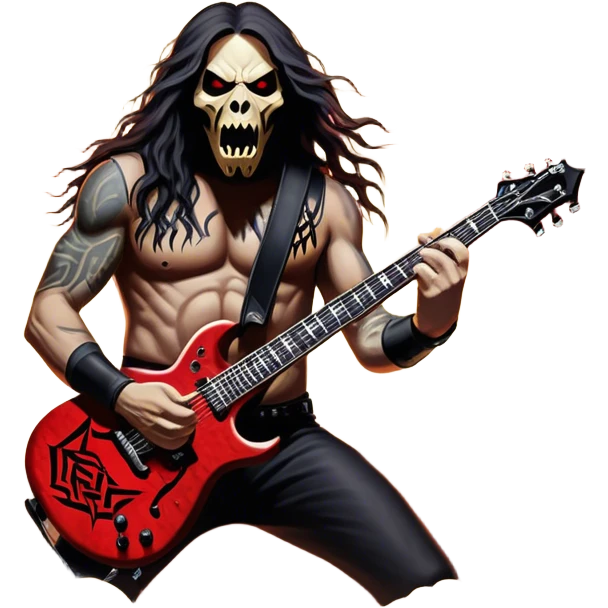 Icon for Heavy Metal: Slayer band on stage during a live concert, with guitars, drums, and intense lighting effects. The atmosphere is charged with energy, and the iconic Slayer logo is visible. Transparent background. emoji