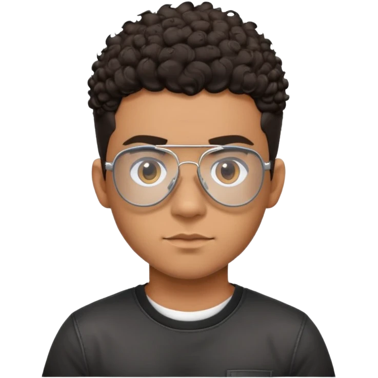 Young Latino with big forehead, metal-framed aviator glasses, very short curly dark hair on top with shaved sides, neutral expression, brown skin, black t-shirt emoji
