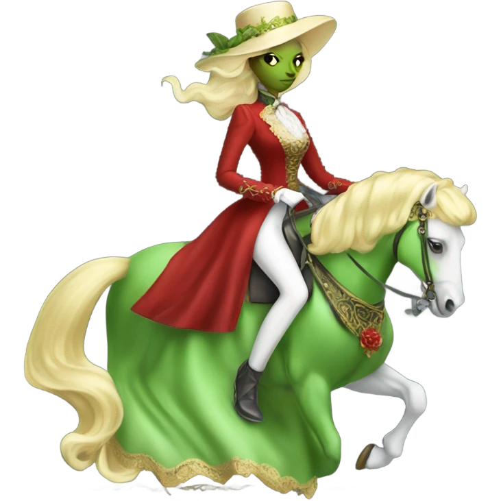 "galora green blonde alien woman" in red Victorian elegant dress, full body, rides "horse gold and white"
 emoji