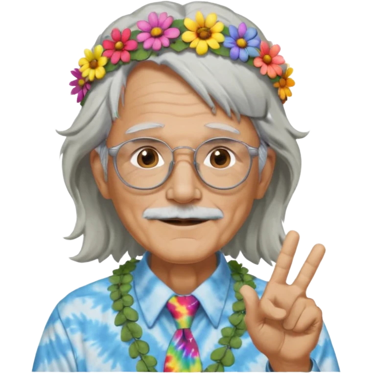 elderly man with long grey hair, glasses, peace sign necklace, tie-dye clothing, flower crown emoji