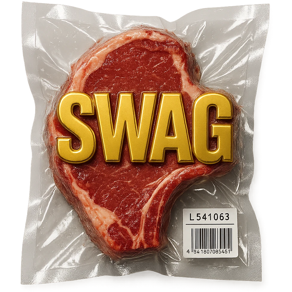steak with gold block letters 'SWAG', shiny and inflated, vacuum-sealed style emoji