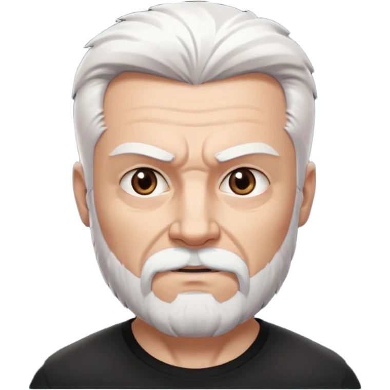 White haired muscled adult man with a black t-shirt. He has white beard and a long goatee. Dark brown eyes and some wrinkles. Attractive, Wolverine vibes. Not too old. emoji
