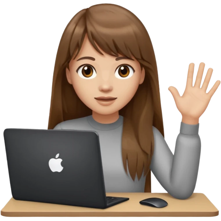 a designer with light skin long brown hair bangs waving with computer, no glasses emoji