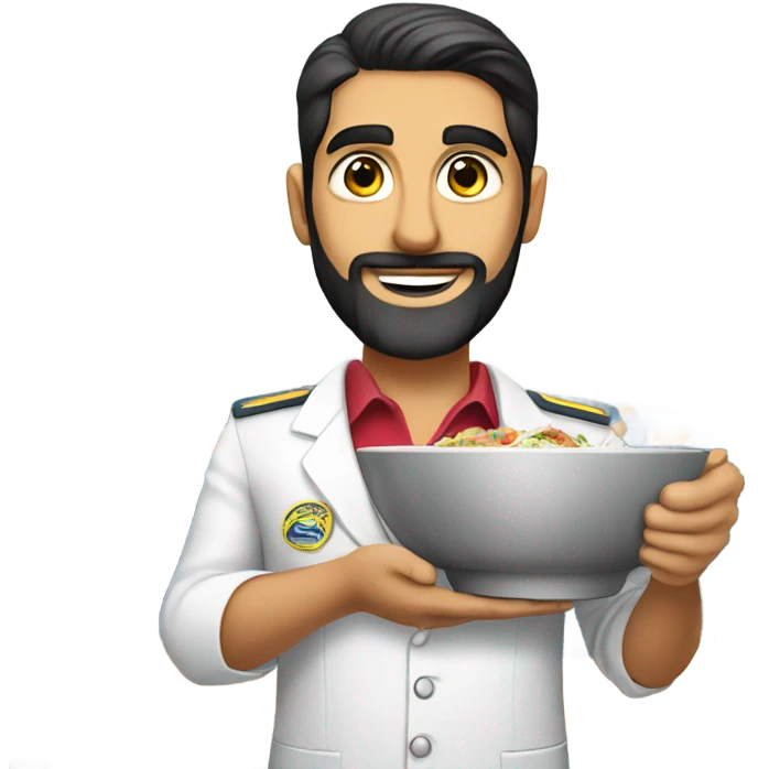 Male Persian Flight attendant with beard eating Chinese food headed to china emoji