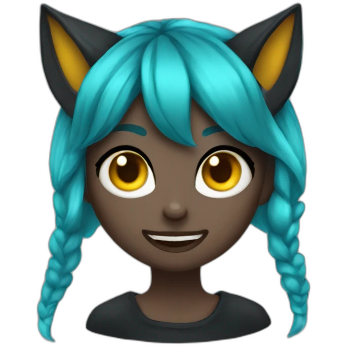 A girl with a funny face, blue cyan hair, black wolf ear, black demon little horns, yellow cat eyes emoji