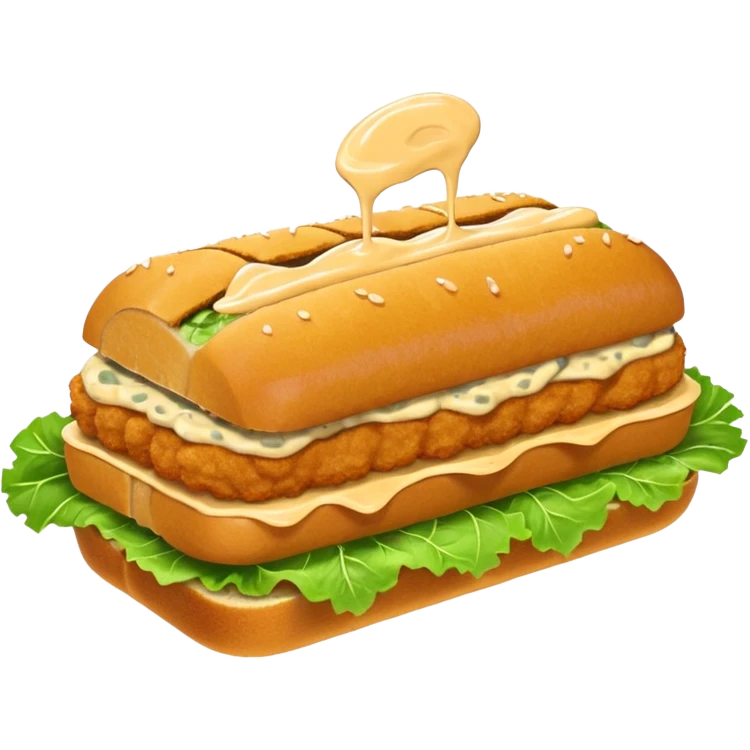 schnitzel sandwich: an oblong roll topped with a schnitzel, placed on a lettuce leaf, the schnitzel is drizzled with remoulade, there is no cheese or other ingredients emoji